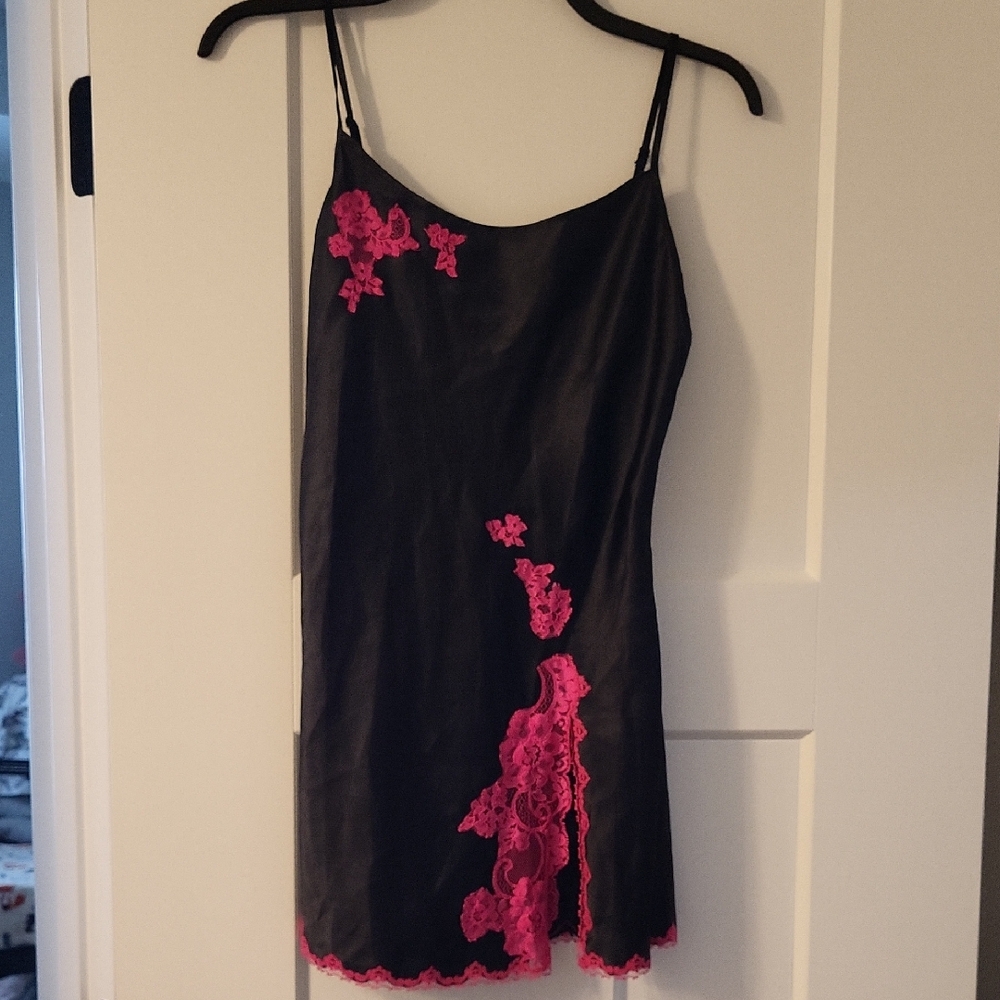 Victoria's Secret Black Slip Dress with Pink Lace Details